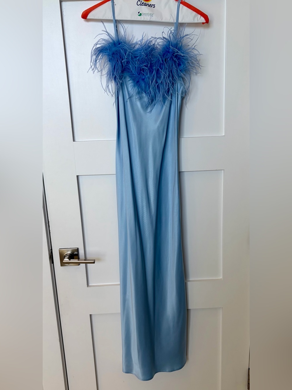 Sleeper Light Blue Feather-Trim Maxi Dress